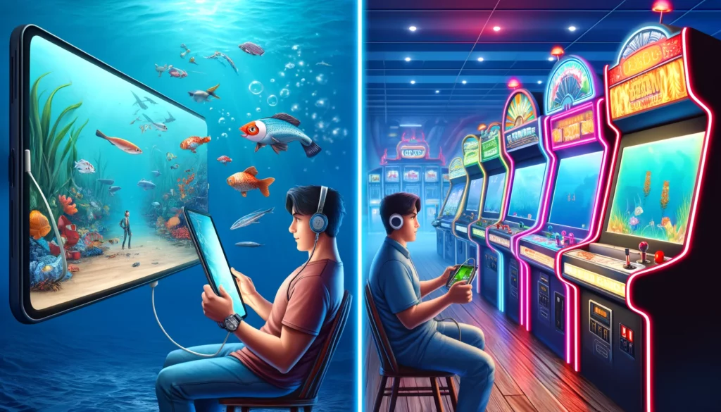 Player fishing in an immersive online fishing game with animated water and fish